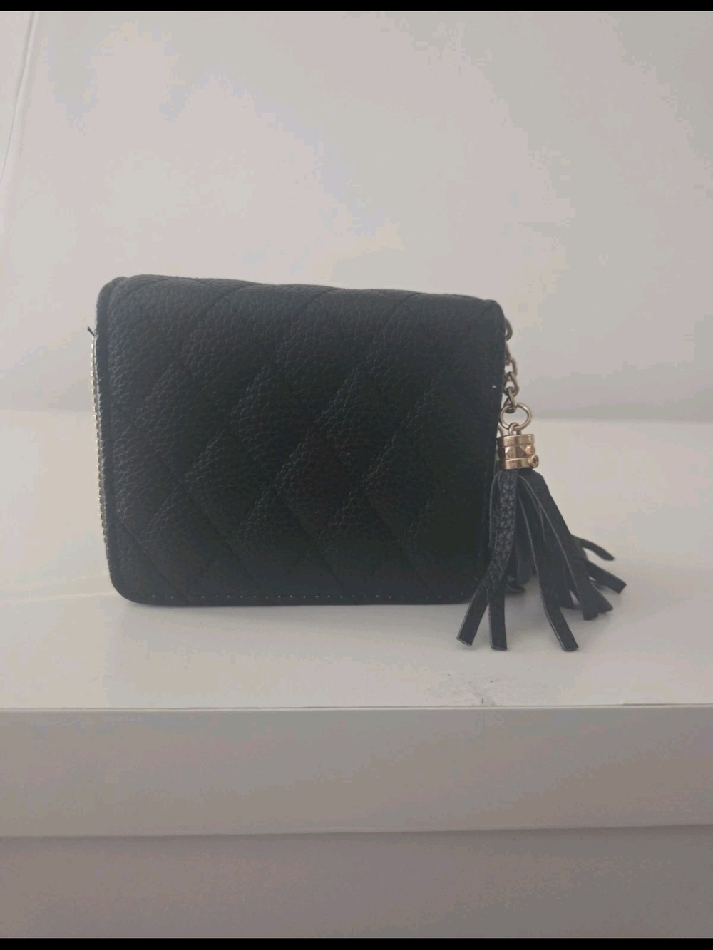 Black Quilted Zip-Around Wallet Double Zippers Tassel Pulls